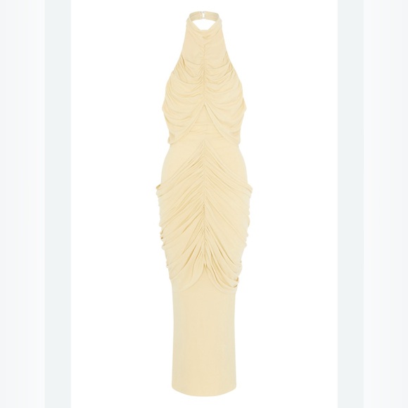 Paris Georgia Roxie Gathered Draped Halter Knit Maxi Dress Gown Butter Yellow M - Picture 7 of 16